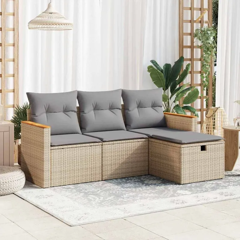 4-tlg. set divano da giardino con cuscini Beige Poly Rattan