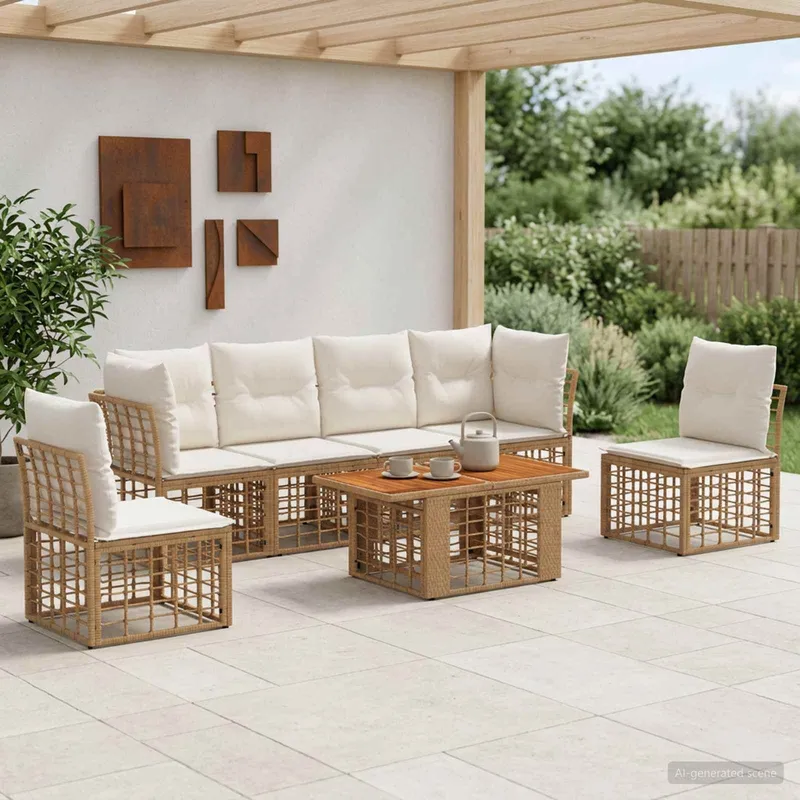garden sofa set 7 pcs natural and Cremweiß poly rattan