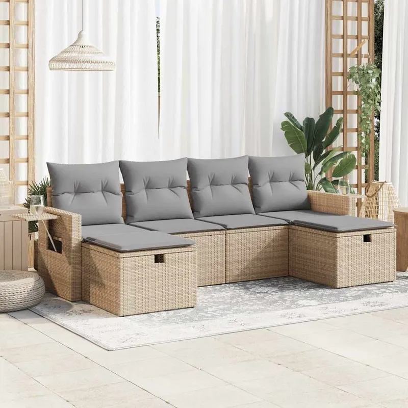 6-tlg. set divano da giardino con cuscini Beige Poly Rattan