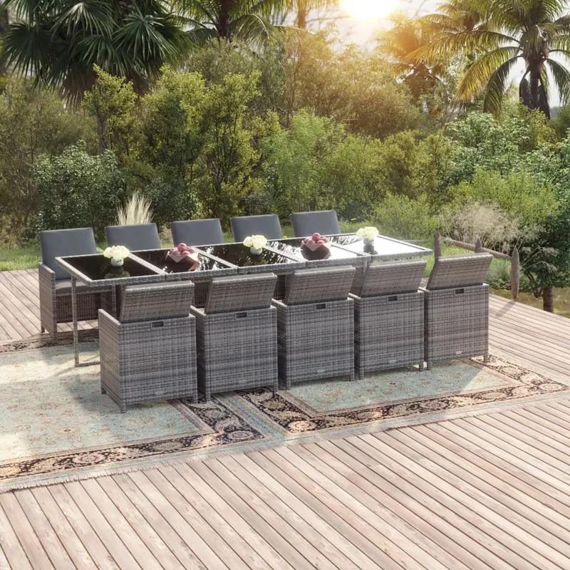 11-tlg. Garten-Essgruppe mit Kissen Poly Rattan grigio