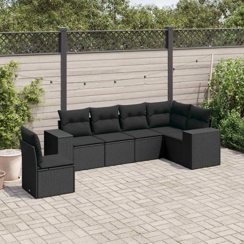 6-tlg. Garten-Sofagarnitur mit Kissen Schwarz Poly Rattan