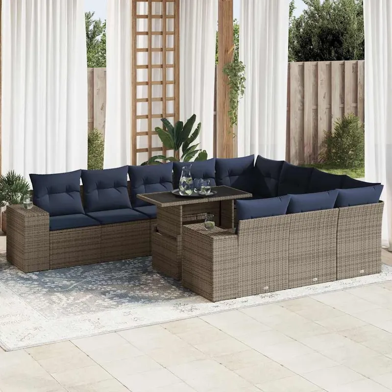 11-tlg. Garten-Sofagarnitur mit Kissen Grau Poly Rattan Akazie