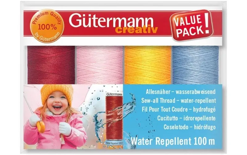 Gütermann Nähgarn-Set Water Repellent 4 pièces, bleu/Gelb/Rosa/rouge