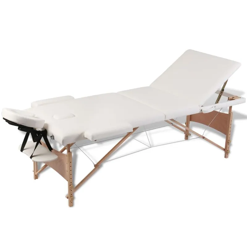 Massageliege Klappbar 3-Zonen mit Holzgestell Cremeweiß