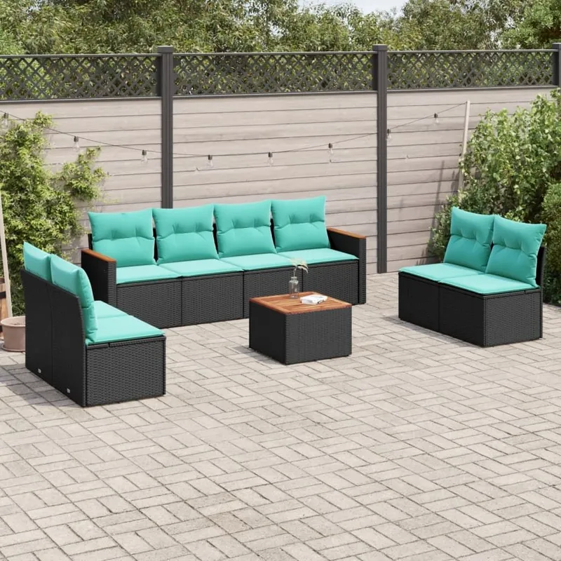 9-teiliges Gartensofa-Set mit Kissen, schwarzes Polyrattan