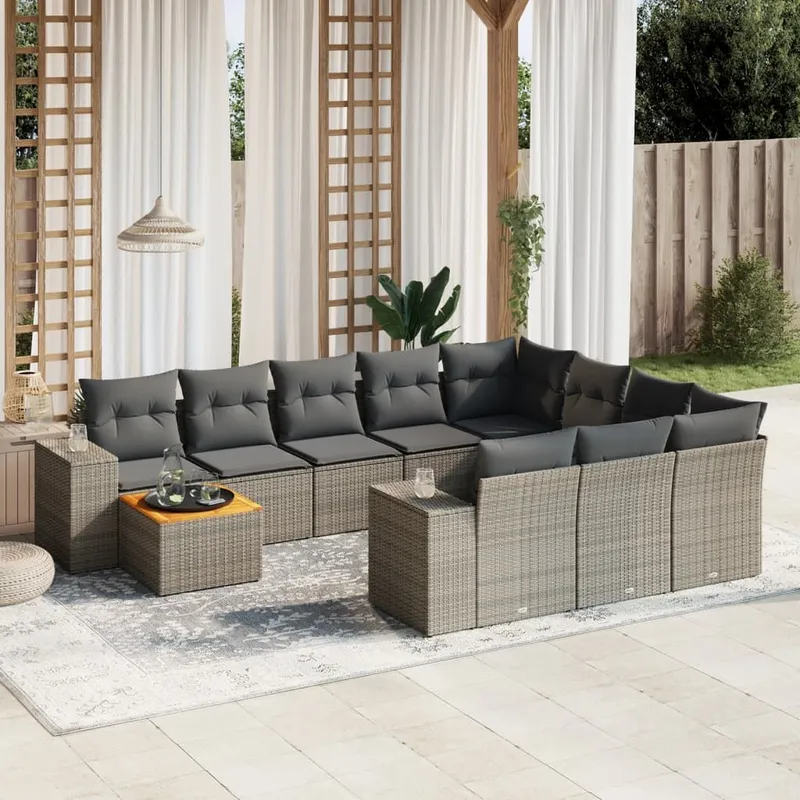 11-tlg. set divano da giardino con cuscini grigio Poly Rattan