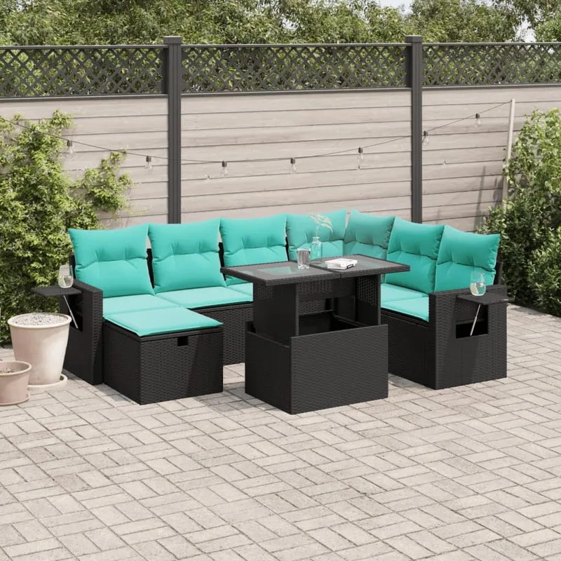 8-teiliges Gartensofa-Set mit Kissen, schwarzes Polyrattan