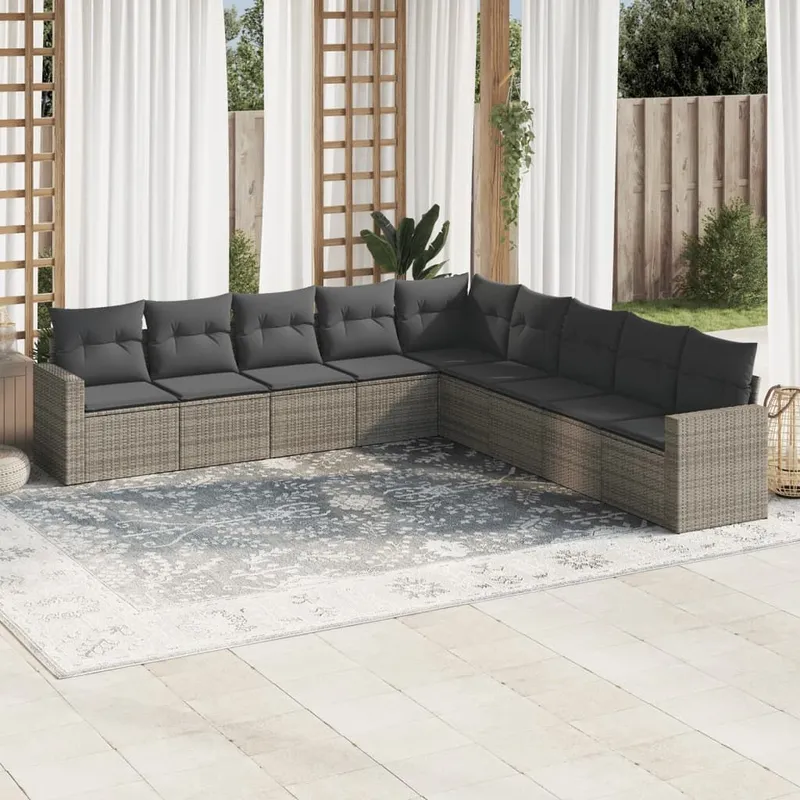 9-tlg. set divano da giardino con cuscini grigio Poly Rattan