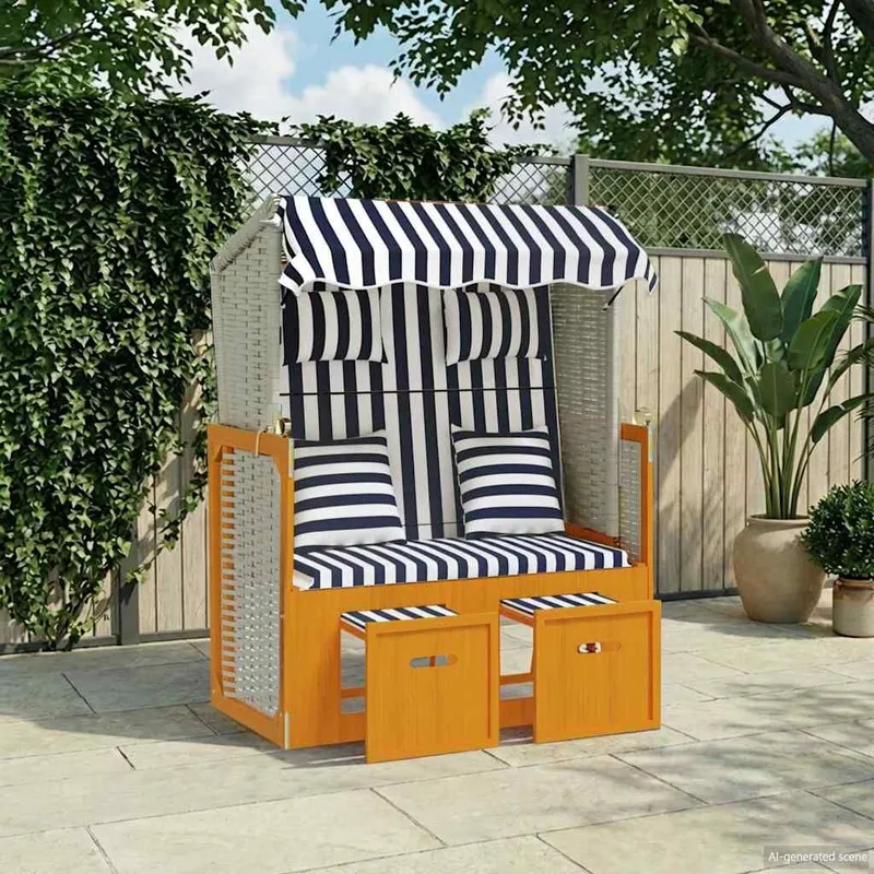 Strandkorb mit Kissen Poly Rattan & Massivholz Weiß & Blau