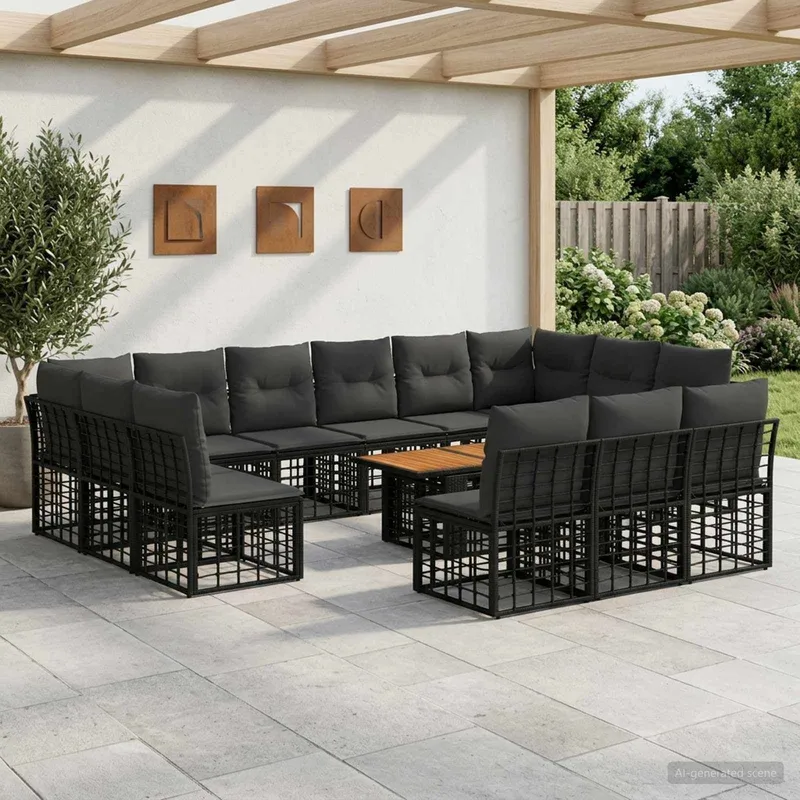 Ensemble de canapé de jardin 14 pc Noir et Gris foncé polyrotin