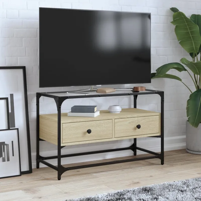 TV-Schrank mit Glasplatte Sonoma-Eiche 80x35x51cm derivato del legno