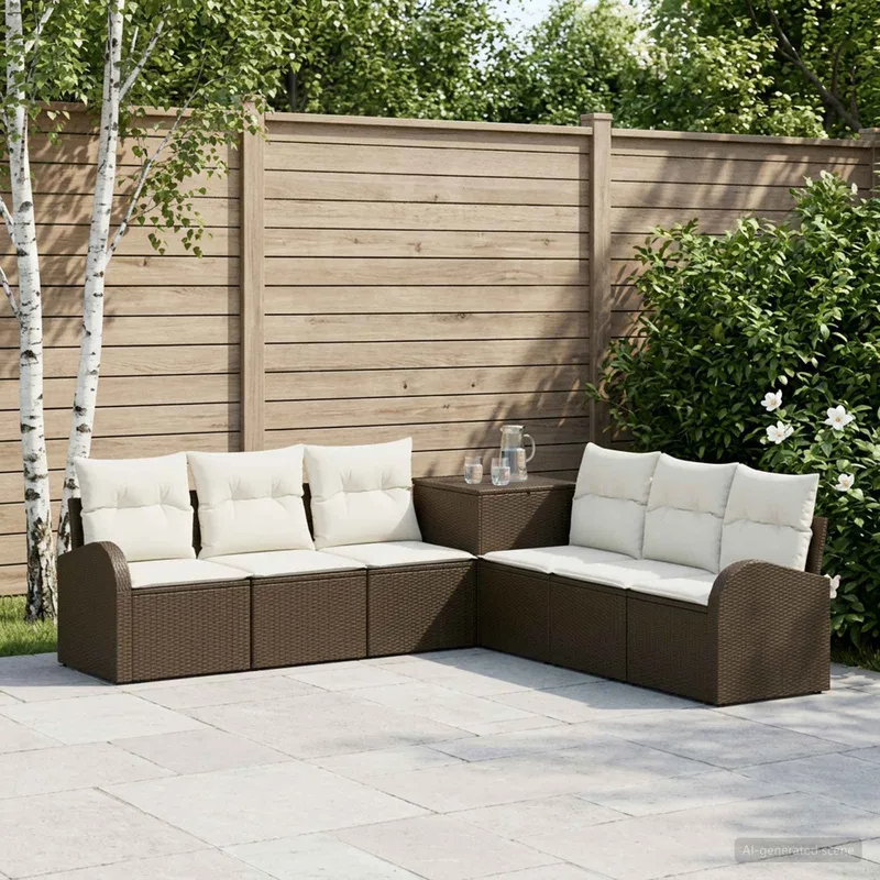 Sofa Set 7 stk. Braun und Creme Weiß Polyrattan und Stahl