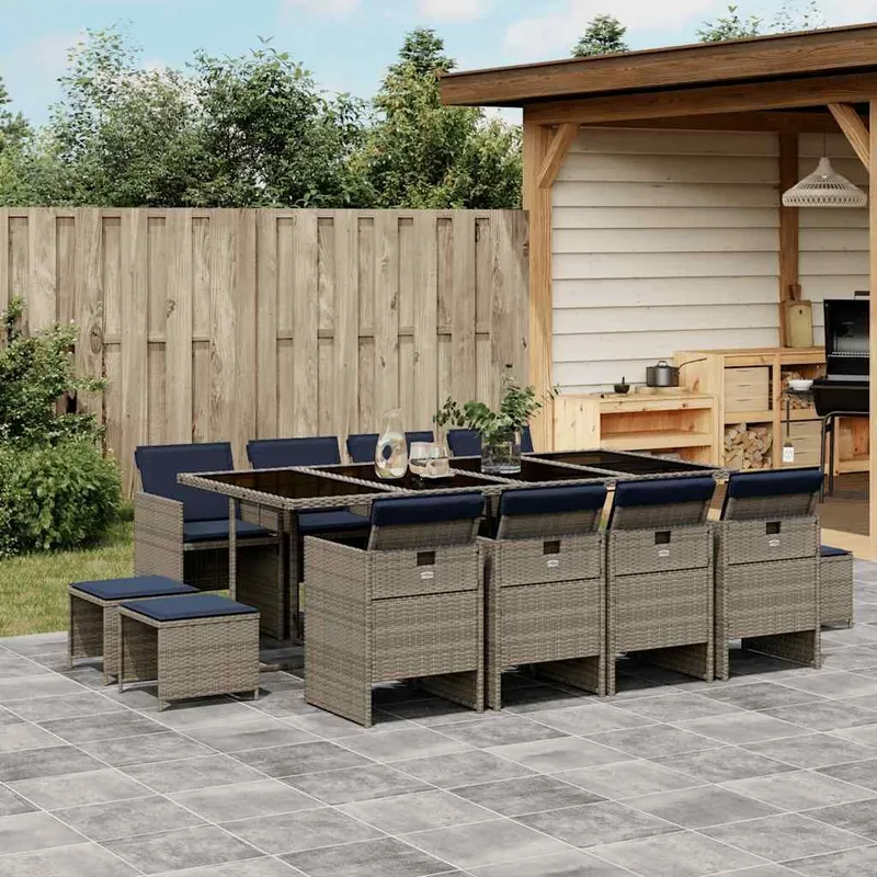 13-teiliges Garten-Ess-Set mit Kissen, grau, Polyrattan