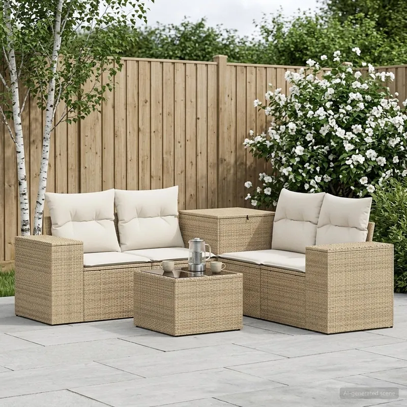 divano Set 6 pz. beige e bianco crema polyrattan e acciaio