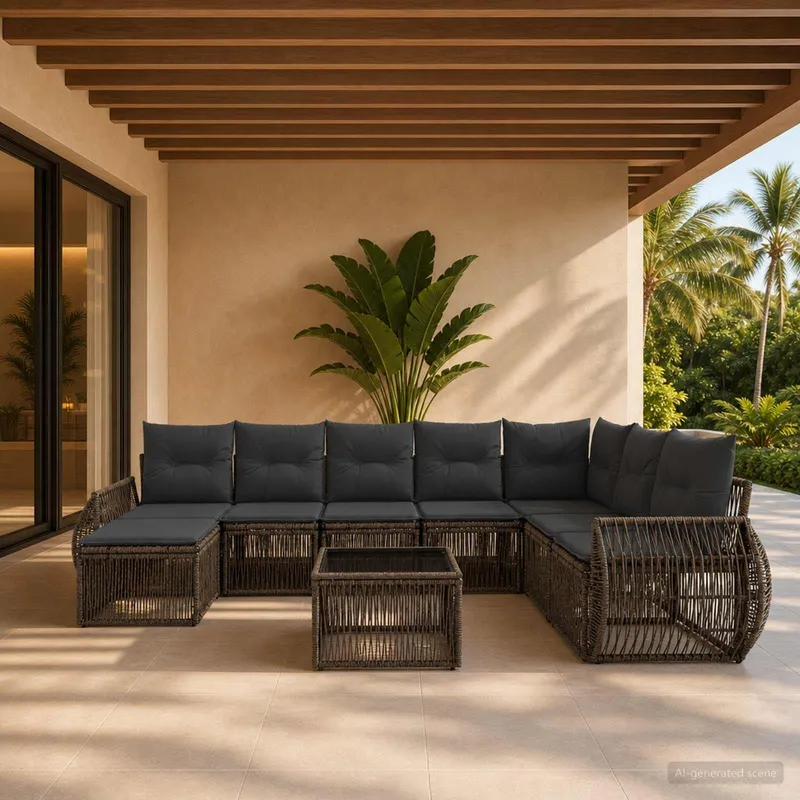 Gartensofa-set 9 stk. Grau und Dunkelgrau Poly-Rattan