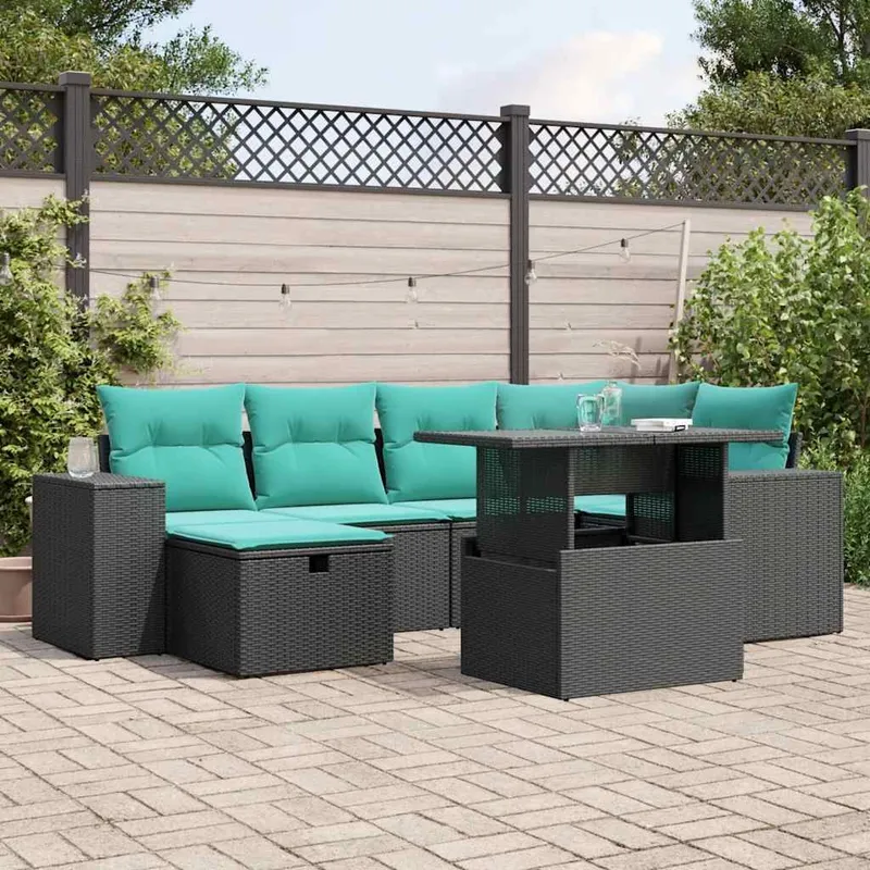 7 pièces salon de jardin avec coussins, noir polyrotin