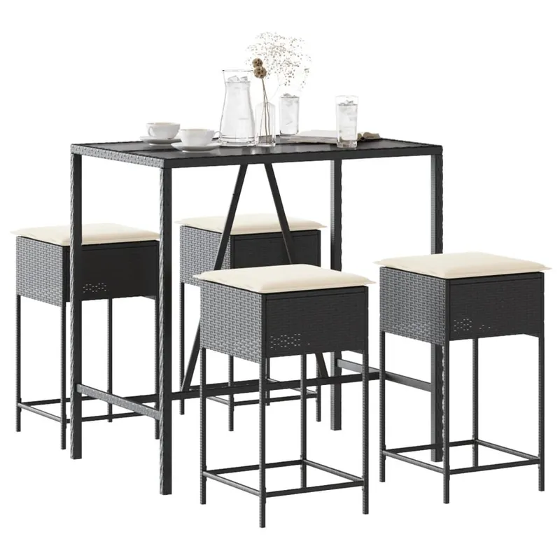 5-tlg. Gartenbar-Set mit Kissen Schwarz Poly Rattan