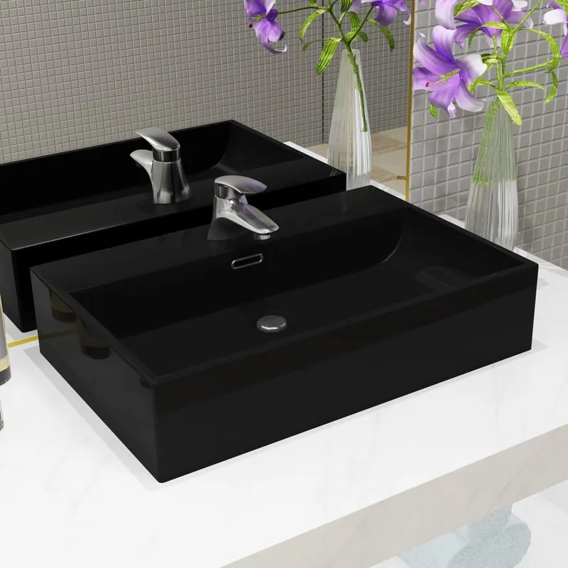 Waschbecken mit Hahnloch Keramik black 76 x 42,5 x 14,5 cm