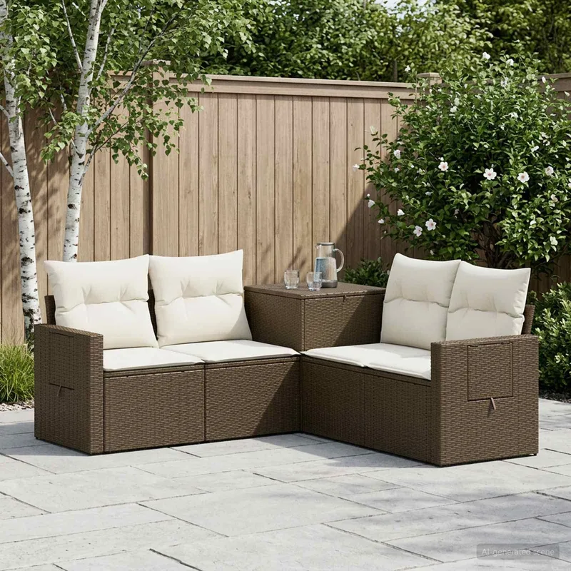 divano Set 5 pz. marrone e crema bianco polyrattan e acciaio
