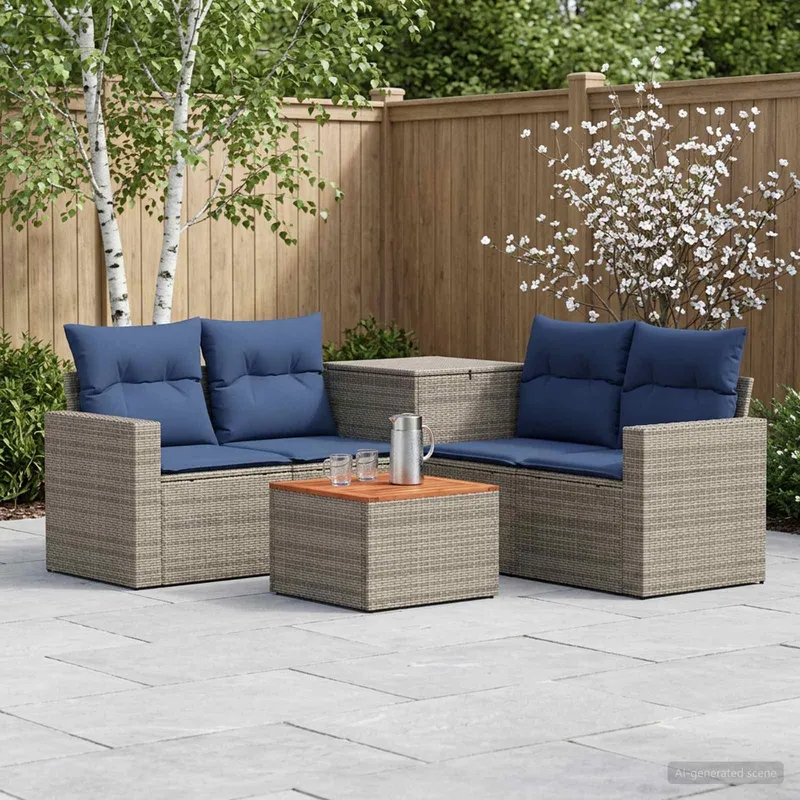 divano Set 6 pz. grigio e Marineblau polyrattan e acciaio