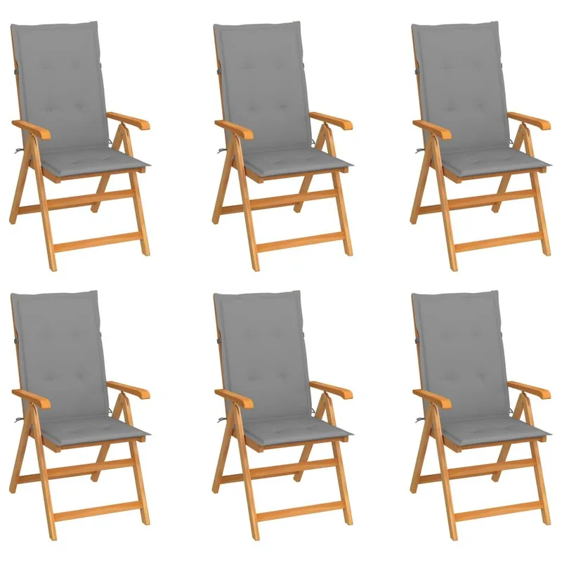 Klappstühle, 6er-Set mit grauen Kissen, aus massivem Teakholz