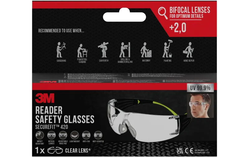 3M Schutzbrille SecureFit 420 mit +2.0 Dioptrie, trasparente