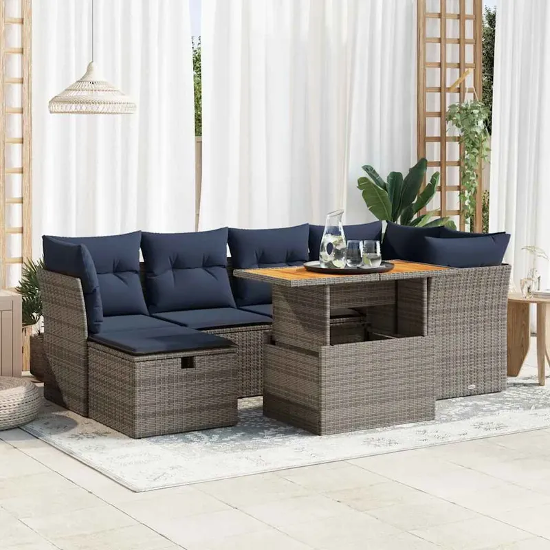 7-tlg. Garten-Sofagarnitur mit Kissen Schwarz Poly Rattan