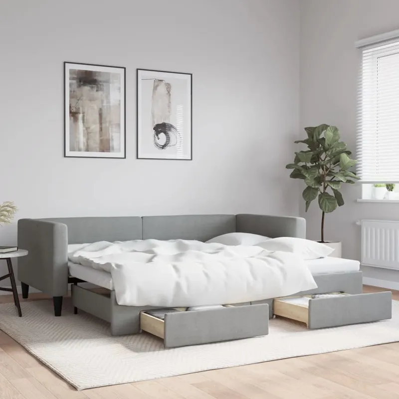 Tagesbett Ausziehbar mit Schubladen Hellgrau 100x190 cm Stoff