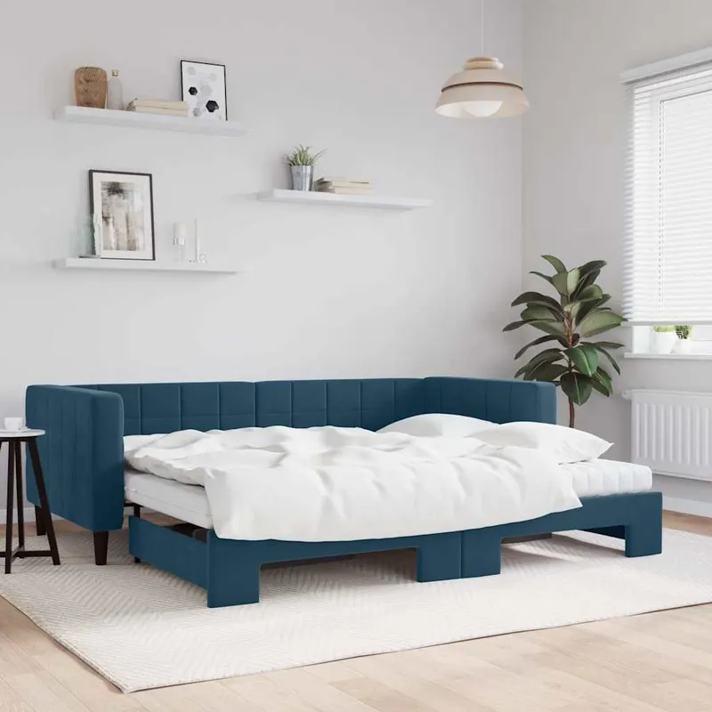 Tagesbett Ausziehbar mit Matratzen Blau 90x200 cm Samt