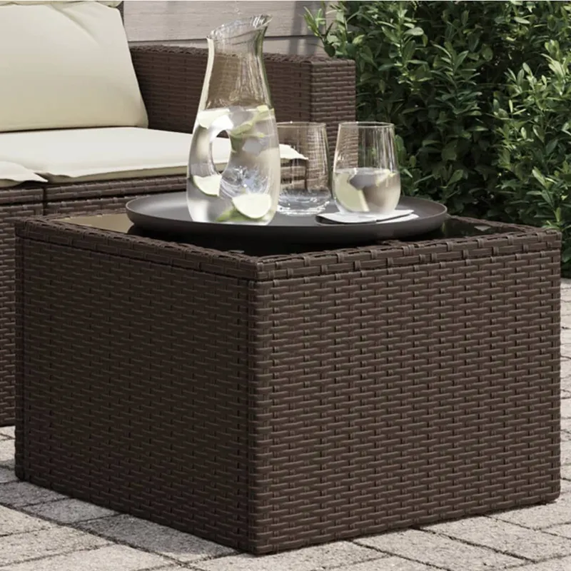 Gartentisch mit Glasplatte brown 55x55x37 cm Poly Rattan