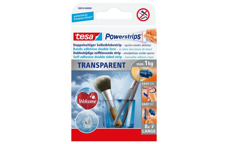 tesa Selbstklebestrip Powerstrips 8 pezzi, trasparente, 1 kg