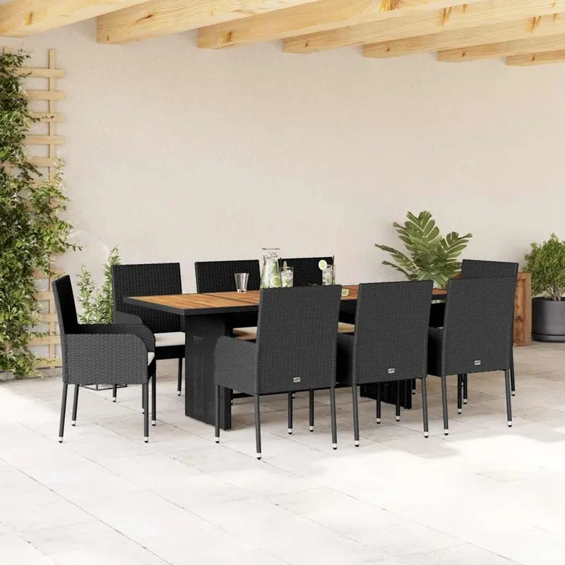 9-tlg. Garten-Essgruppe mit Kissen Schwarz Poly Rattan