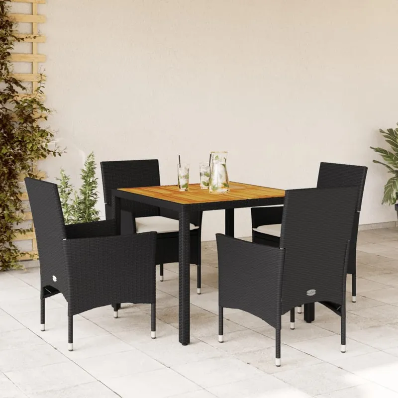 5-tlg. Garten-Essgruppe mit Kissen nero Poly Rattan Akazie