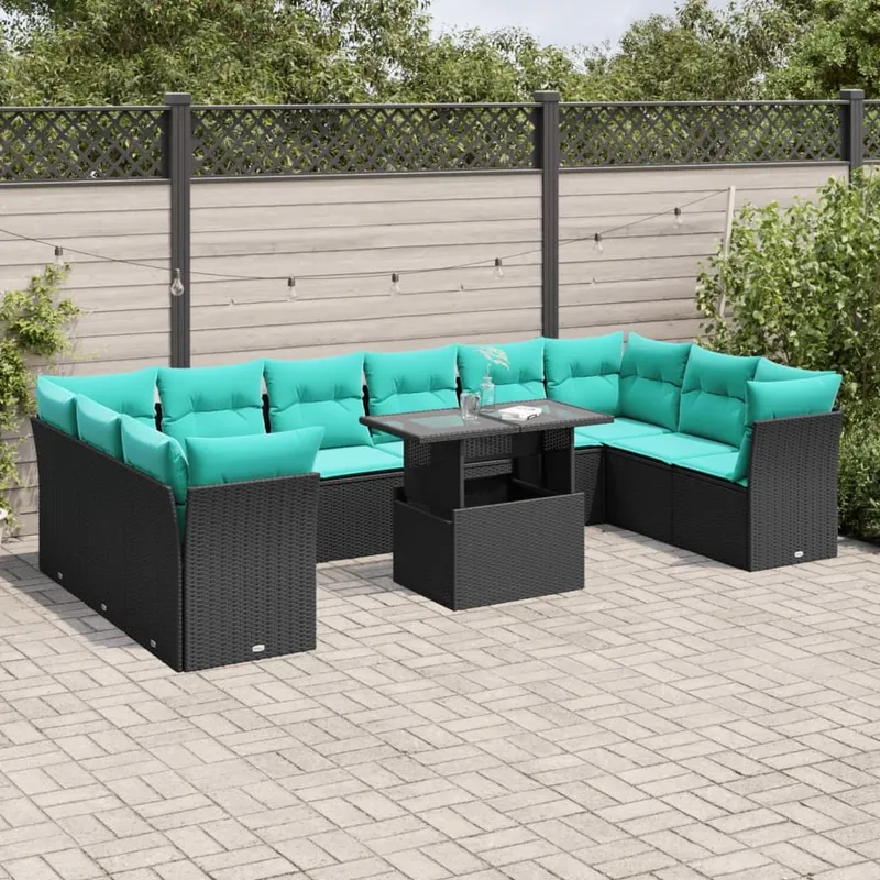 11 pezzi set divano da giardino con cuscini, nero polyrattan