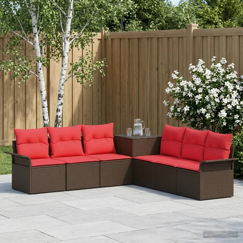Sofa Set 7 stk. Braun und Rot Polyrattan und Stahl