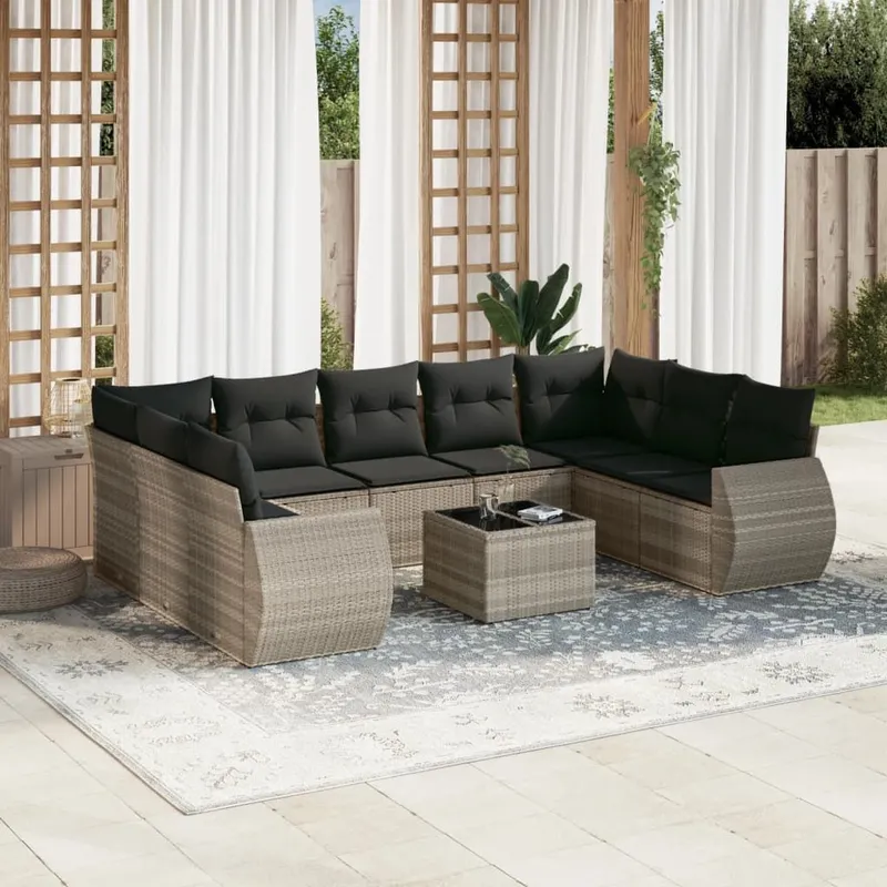 Salon de jardin avec coussins 10 pcs gris clair résine tressée