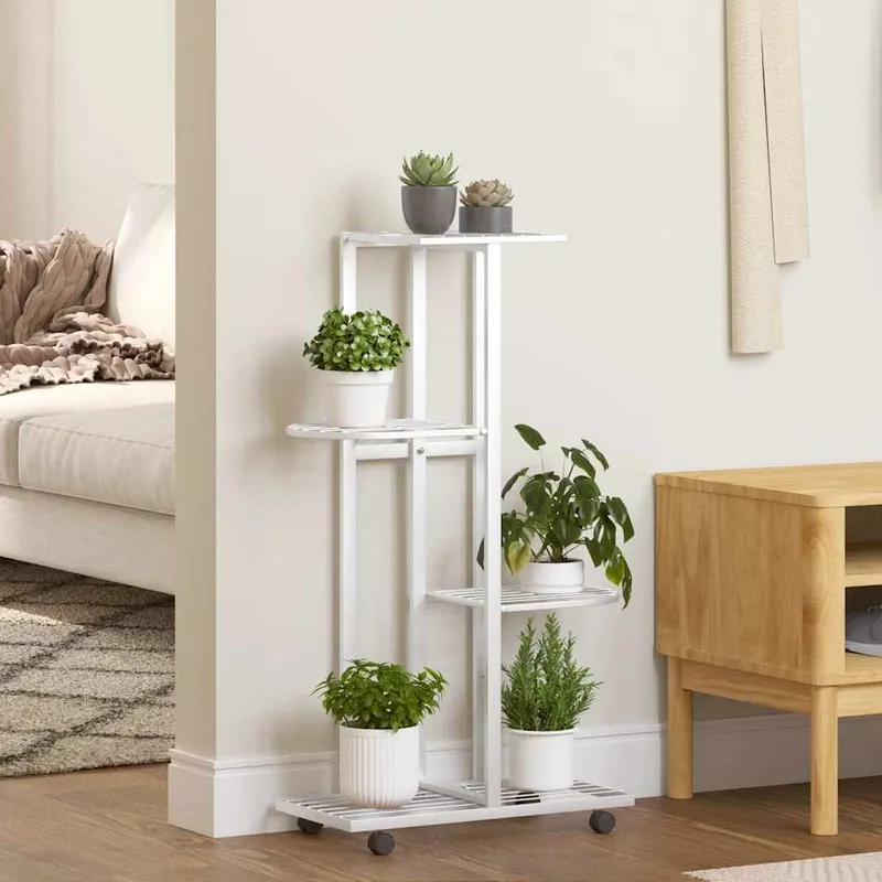 Blumenständer 4-Etagen mit Rollen 44x23x80 cm Weiß Eisen
