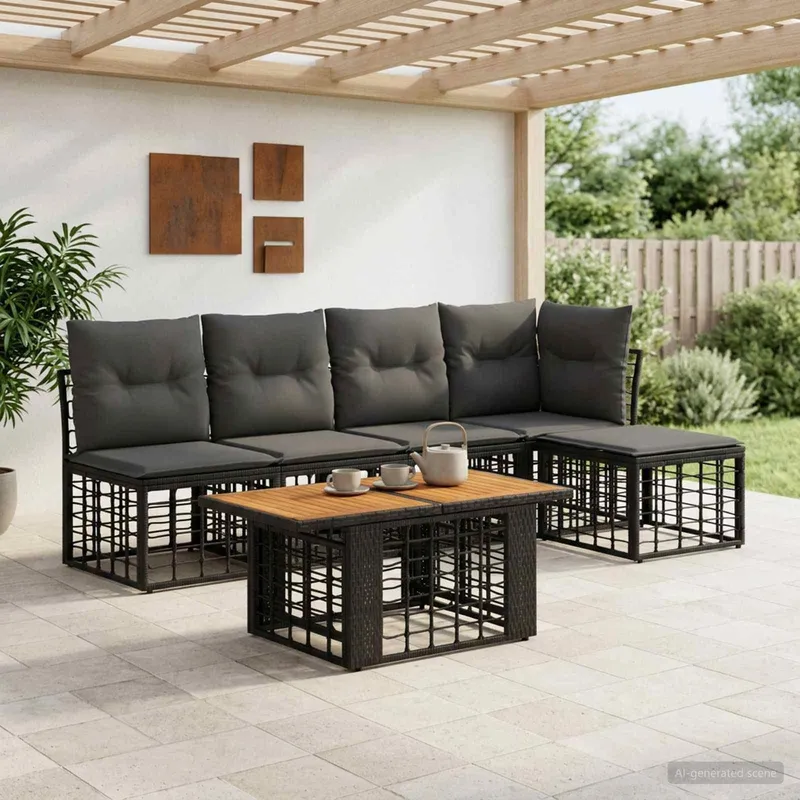 Gartensofa-set 6 stk. Schwarz und Dunkelgrau Poly-Rattan