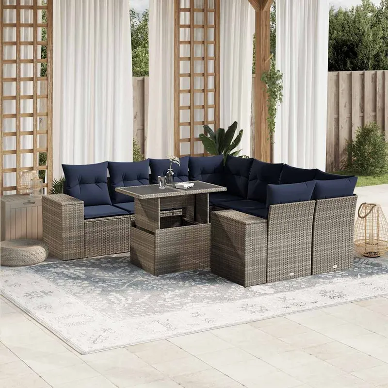 9 pezzi set divano da giardino con cuscini, grigio, polyrattan