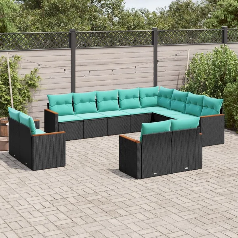 12-teiliges Gartensofa-Set mit Kissen, schwarzes Polyrattan