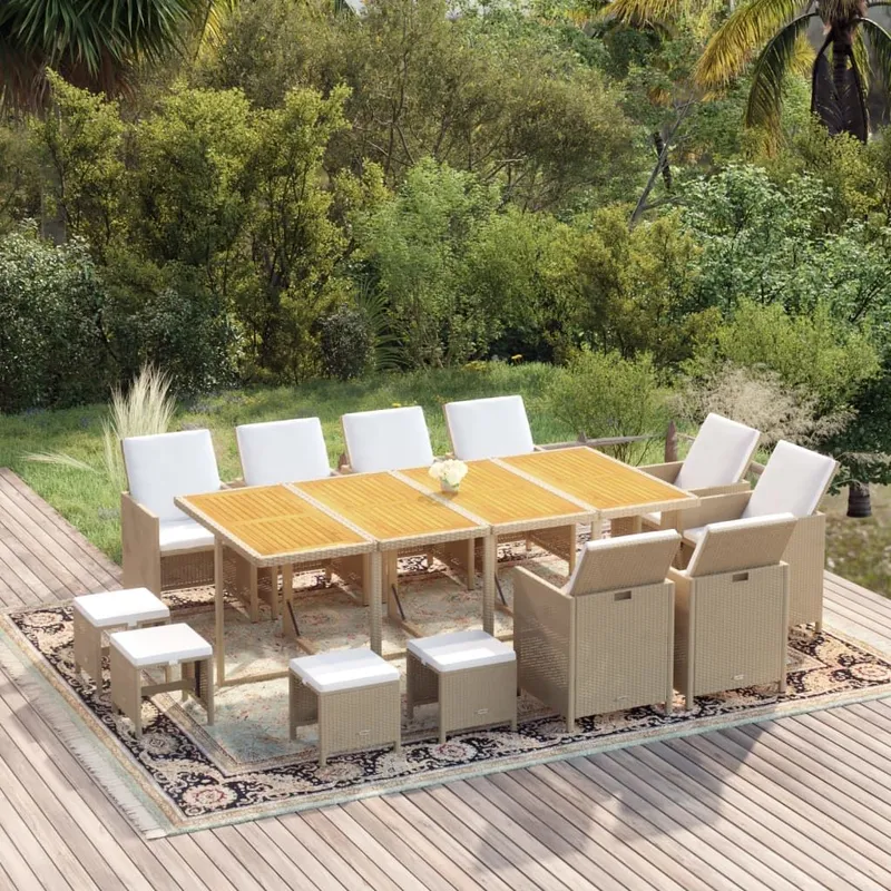 13 pz. set pranzo da giardino con cuscini Poly Rattan beige