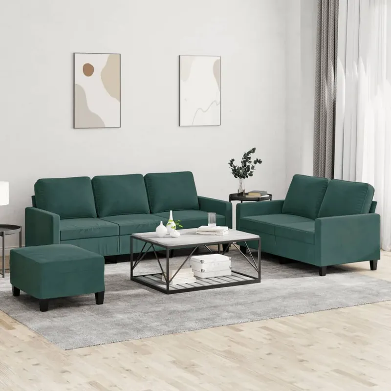 3 pz. set divano con cuscini verde scuro velluto