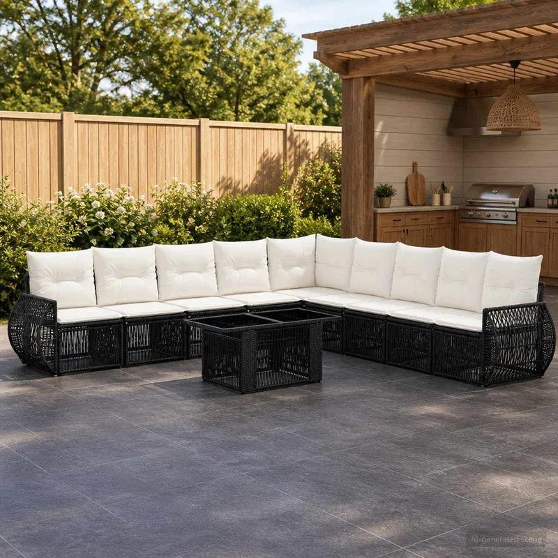 set divano da giardino 10 pz. nero e bianco crema polyrattan