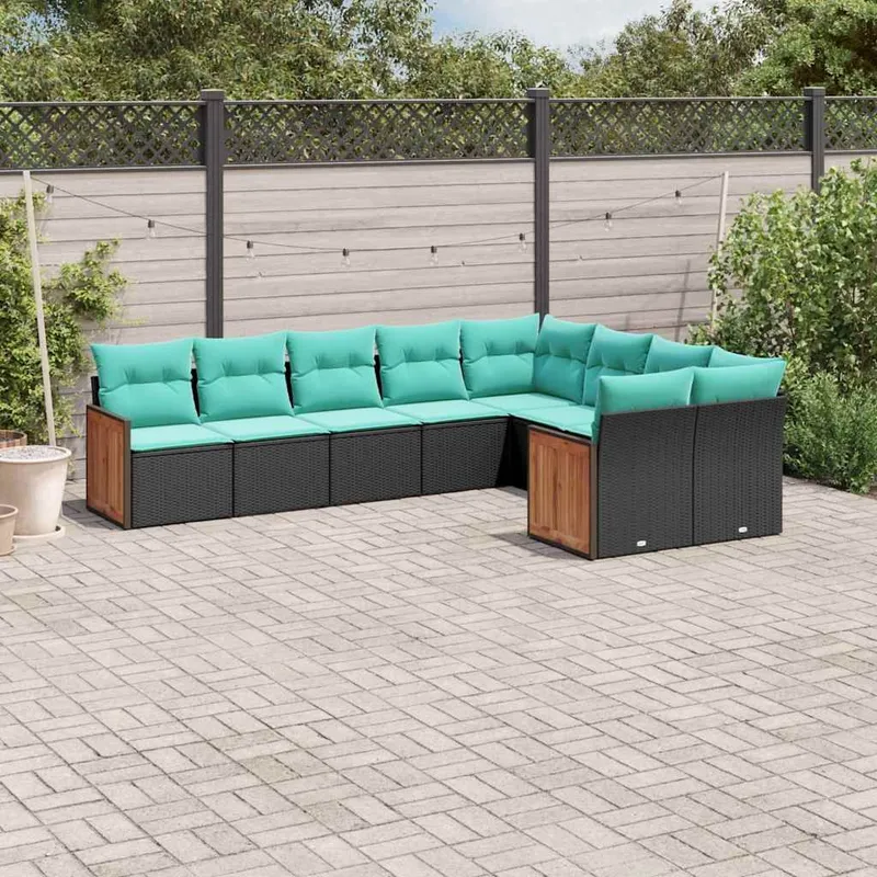 9 pezzi set divano da giardino con cuscini, nero polyrattan