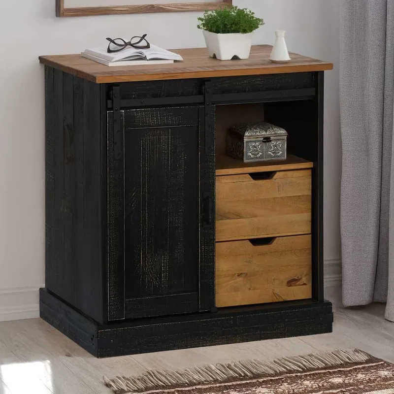 Sideboard HALDEN mit Schiebetür nero 80x40x80 cm Massivholz
