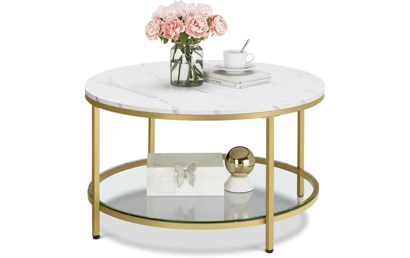 VASAGLE Beistelltisch mit Glas 80 x 46 cm, Weiss/Gold