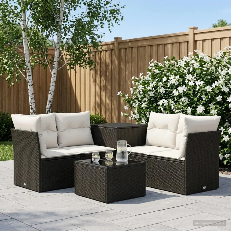 Sofa Set 6 stk. Schwarz und Cremeweiß Polyrattan und Stahl