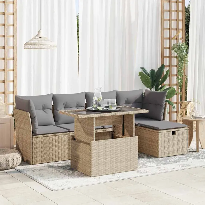 6-tlg. set divano da giardino con cuscini Beige Poly Rattan