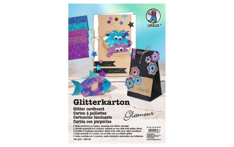 URSUS Glitzerkarton Glamour A4, 330 g/m², 5 Blatt, multicolore