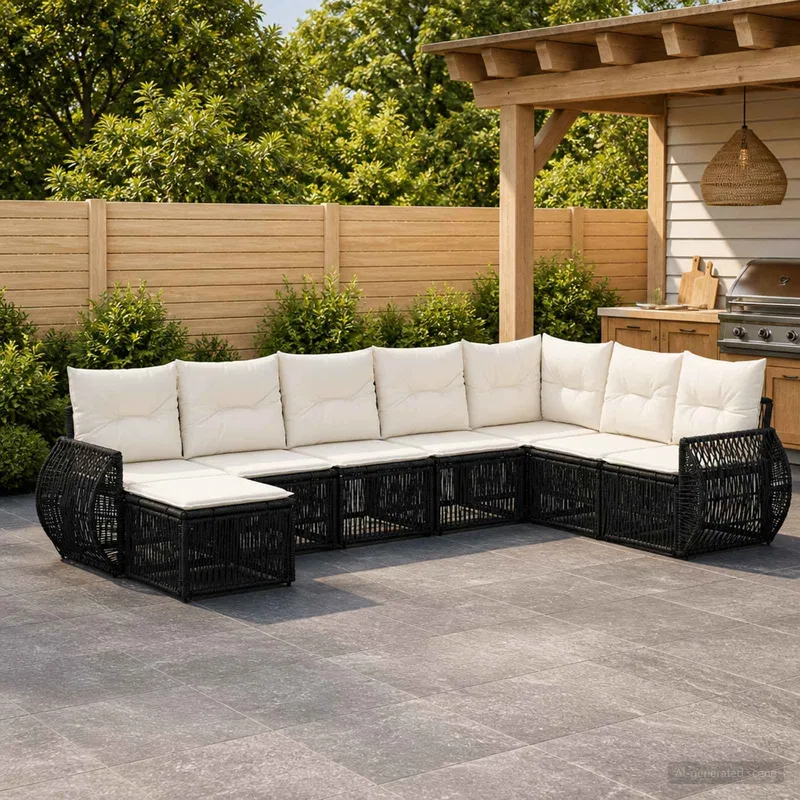 Gartensofa-set 8 stk. Schwarz und Cremeweiß Poly-Rattan